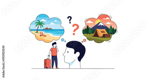 Man holding a suitcase contemplates between a tropical beach holiday and a mountain camping trip for his next vacation.