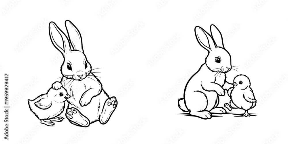 Obraz premium Bunny and chick playing together, isolated on transparent background 