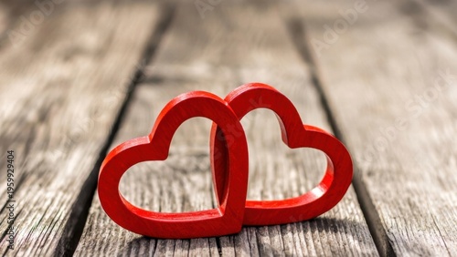 Red hearts rest on weathered wooden planks