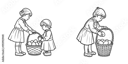 Children placing eggs in a basket together, isolated on transparent background  