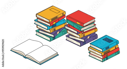 Large stacks of colorful hardcover books arranged around an open book with white pages on a clean white background.