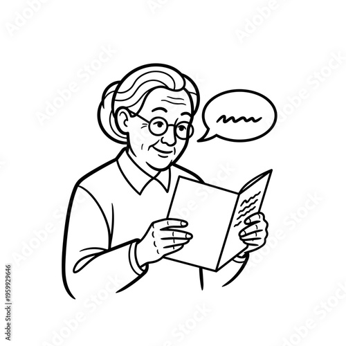 Elderly woman reading card aloud with speech bubble on white background  