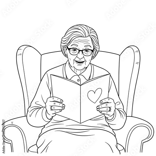 Elderly woman reading a card with a heart design while sitting in an armchair  