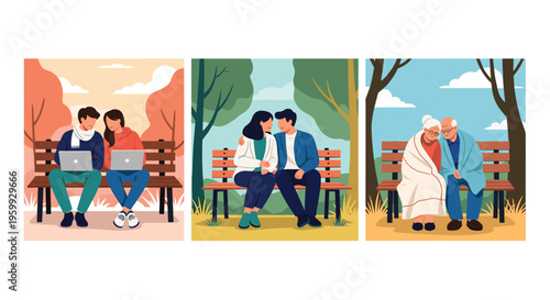 Three panels showing couples of different ages and stages of life sitting together on park benches in varying seasons.