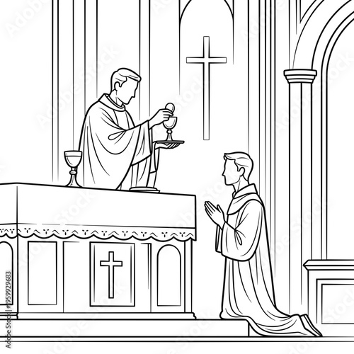 Priest performing holy communion in church while parishioner prays  