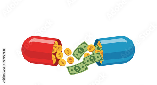 Large red and blue medicine capsule breaks open to release green dollar bills and gold coins representing high drug costs.