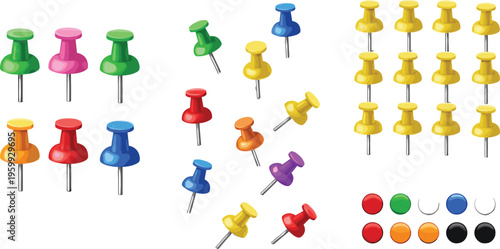 Colorful Push Pin Vector Set with Thumbtacks, Office Supplies, Notice Board Pins and Stationery Elements Illustration Collection