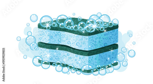 Blue and green cleaning sponge covered in shiny soap bubbles and foam representing hygiene and household chores.