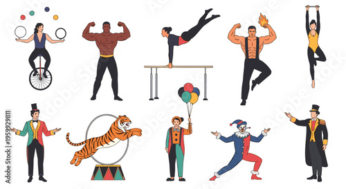 Diverse set of circus performers including a juggler, strongman, gymnast, clown, ringmaster, and a jumping tiger.