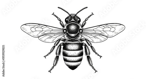 Detailed black and white illustration of a honey bee on a white background