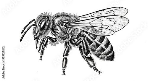 Detailed illustration of a bee isolated on white background for design