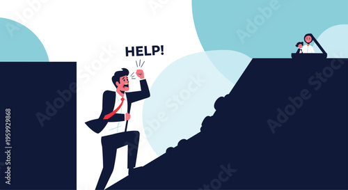 Businessman trapped in a deep ravine shouts for help towards people on top of a hill representing crisis and support.