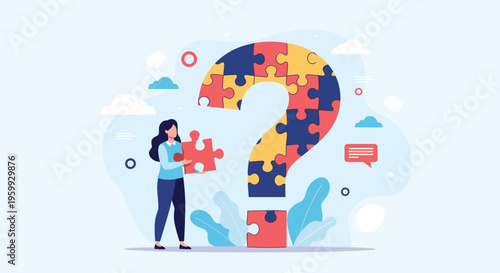 Young woman is holding a puzzle piece next to a giant question mark made of colorful puzzle pieces, representing problem solving or mystery.