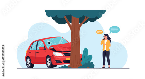 Young woman is standing next to her red car that has crashed into a tree, talking on her mobile phone to call for help or insurance assistance.