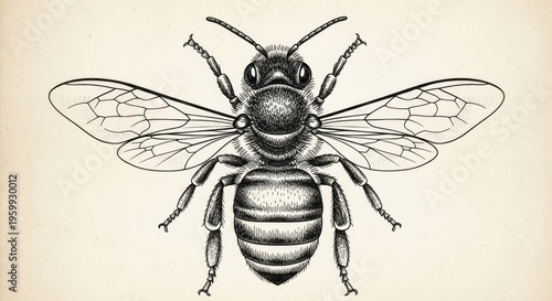 Detailed illustration of a honeybee with outspread wings on beige background