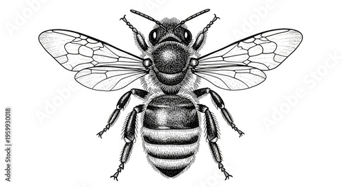 Detailed illustration of a honeybee with outspread wings on white background