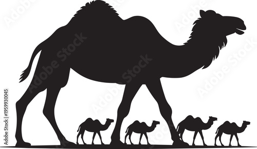 Silhouette illustration of a mother camel walking with four baby camels in a desert landscape
