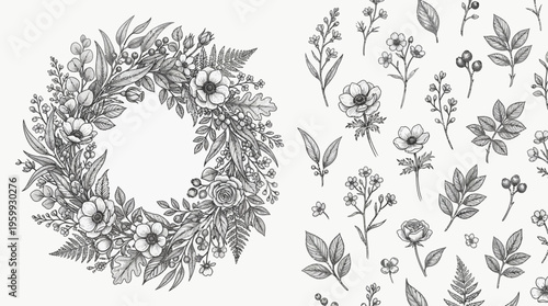 Black and white floral illustrations of wreath and various flowers and leaves.