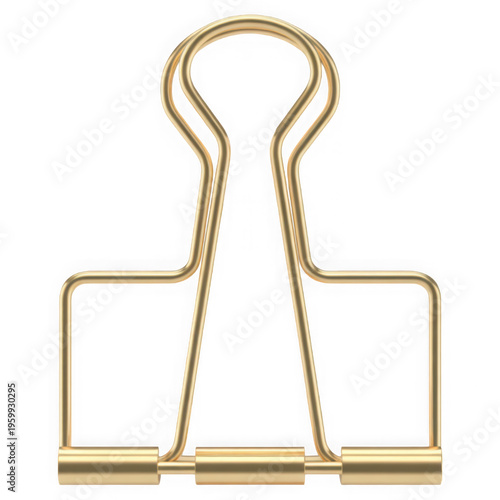 A shiny metallic gold binder clip with a professional design for organizing loose paper sheets isolated on transparent background