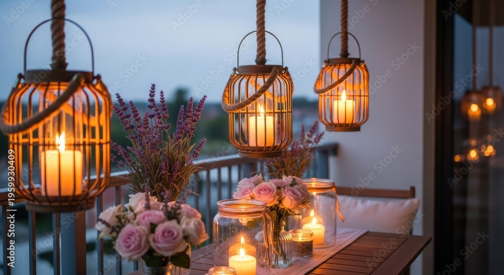 Obraz premium Evening balcony scene featuring lanterns candles and floral arrangements