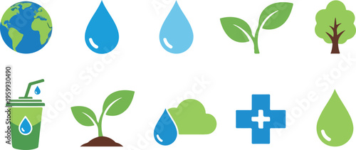 Eco friendly icons, green environment symbols, water conservation signs, sustainable living graphics