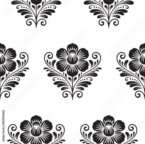 Seamless pattern featuring elegant black and white floral damask motifs in a repeating arrangement
