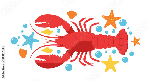 Red Lobster Sea Creature Illustration.