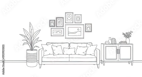 Minimalist interior sketch featuring sofa framed pictures and decorative elements