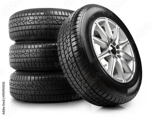 Set of four car wheels with tires. Isolated on white.