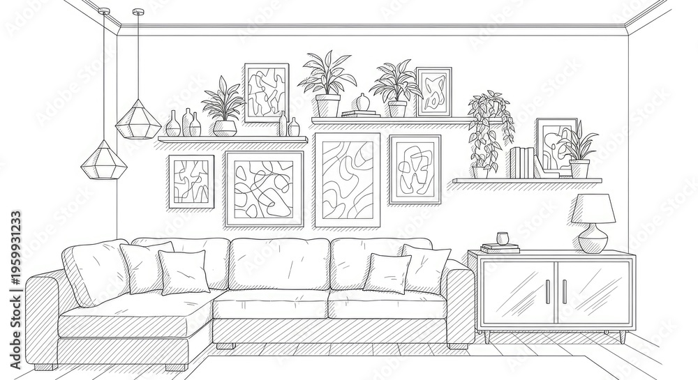 Fototapeta premium Modern interior sketch living room with sofa plants and artwork