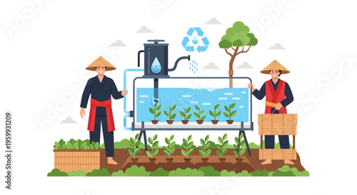 Asian Farmers Practicing Sustainable Hydroponic Farming and Eco-Friendly Agriculture