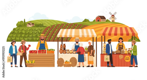 Vibrant Farmer's Market Illustration with Diverse People, Fresh Produce, Local Goods, and Artisanal Products Set Against a Rural Landscape