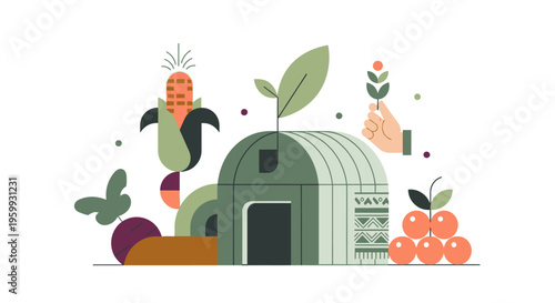 Modern Agriculture & Fresh Produce: Greenhouse with Organic Crops, Hand Holding Sprout in Geometric Flat Design