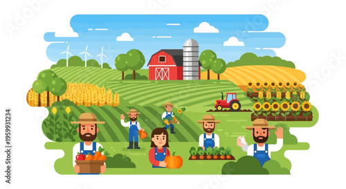 Farmers Harvesting Bountiful Crops on a Sustainable Farm Illustration with Barn, Tractor, and Wind Turbines