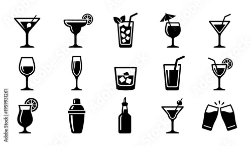 Cocktail Drink Silhouettes Set – Bar, Party, Alcoholic Beverages and Glass Icons Black Vector Collection