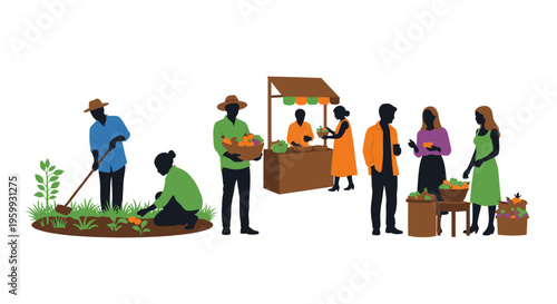 Farm to Table Cycle: Farmers Cultivating, Harvesting, and Selling Fresh Produce at a Local Market with Customers Buying Healthy Food