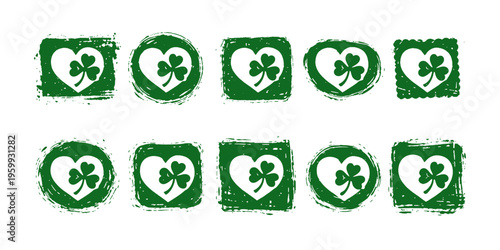 Lucky Shamrock Heart SVG Shapes Set, Green Clover Badges for Sticker, Apparel, Branding, Packaging, Greeting Card and Craft Cut File