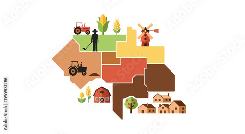 Farm Map Illustration with Agricultural Zones, Rural Community, Crops, and Farming Elements
