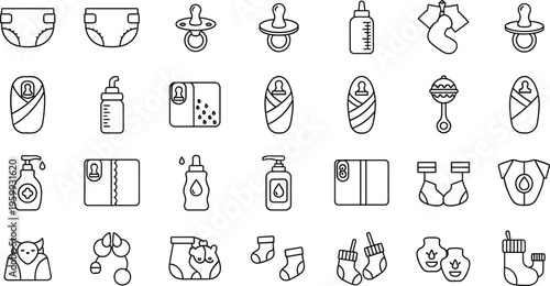 Baby Care and Essential Products Icons Set Featuring Diapers, Bottles, Pacifiers, and Baby Clothing Symbols