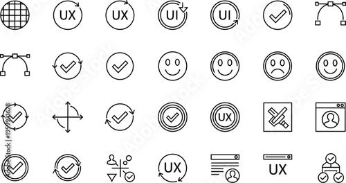 UI/UX Design and User Feedback Icons Set Featuring UX, UI, Smiley Faces, and Interaction Symbols