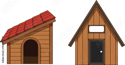Wooden Dog House and Small Cabin Vector Set with Rustic Shelter Design, Pet Kennel Structure and Simple Wooden Architecture Illustration