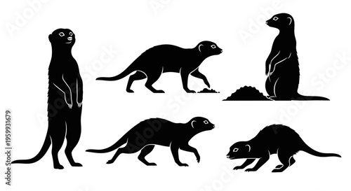 Silhouette of Meerkats in Various Poses: Standing, Digging, Walking, Alert