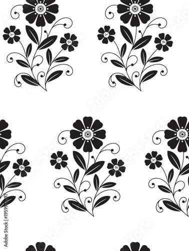 A seamless repeating pattern featuring elegant black botanical floral motifs on a white background