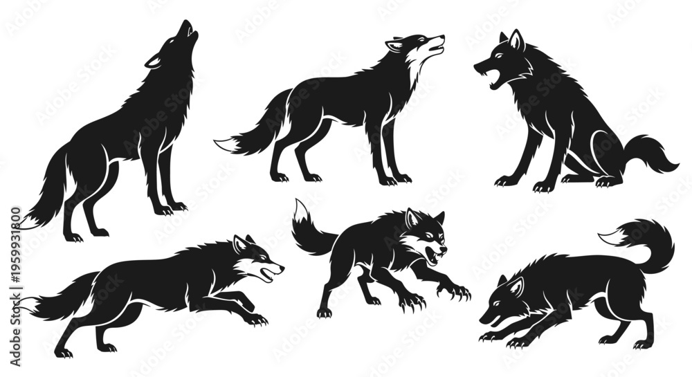 Fototapeta premium Silhouette Wolf Pack: Howling, Running, and Sitting Poses - Vector Art