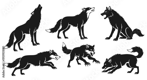 Silhouette Wolf Pack: Howling, Running, and Sitting Poses - Vector Art