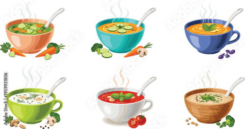 Hot Soup Bowl Vector Set with Different Flavors, Vegetables, Cream Soup and Healthy Meal Illustration Collection