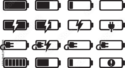 Collection of battery status icons showing different charge levels and charging indicators Vector, illustration