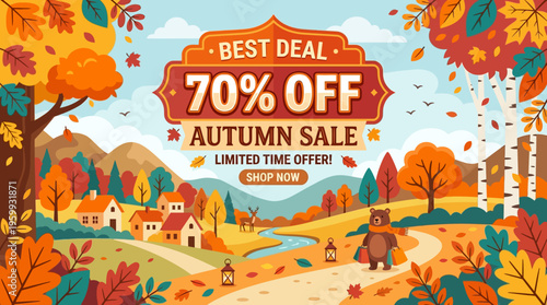 Autumn Sale Banner with 70% Off and Scenic Landscape