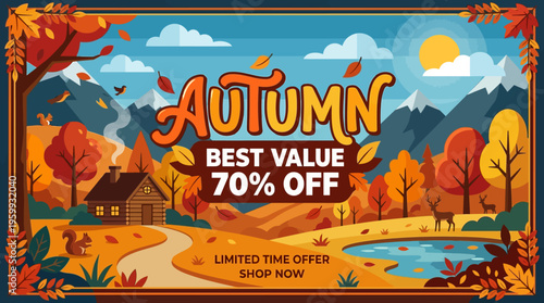 Autumn Sale Banner with Scenic Landscape and Discount