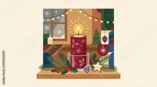 Cozy Christmas Scene with Lit Candle and Festive Decorations